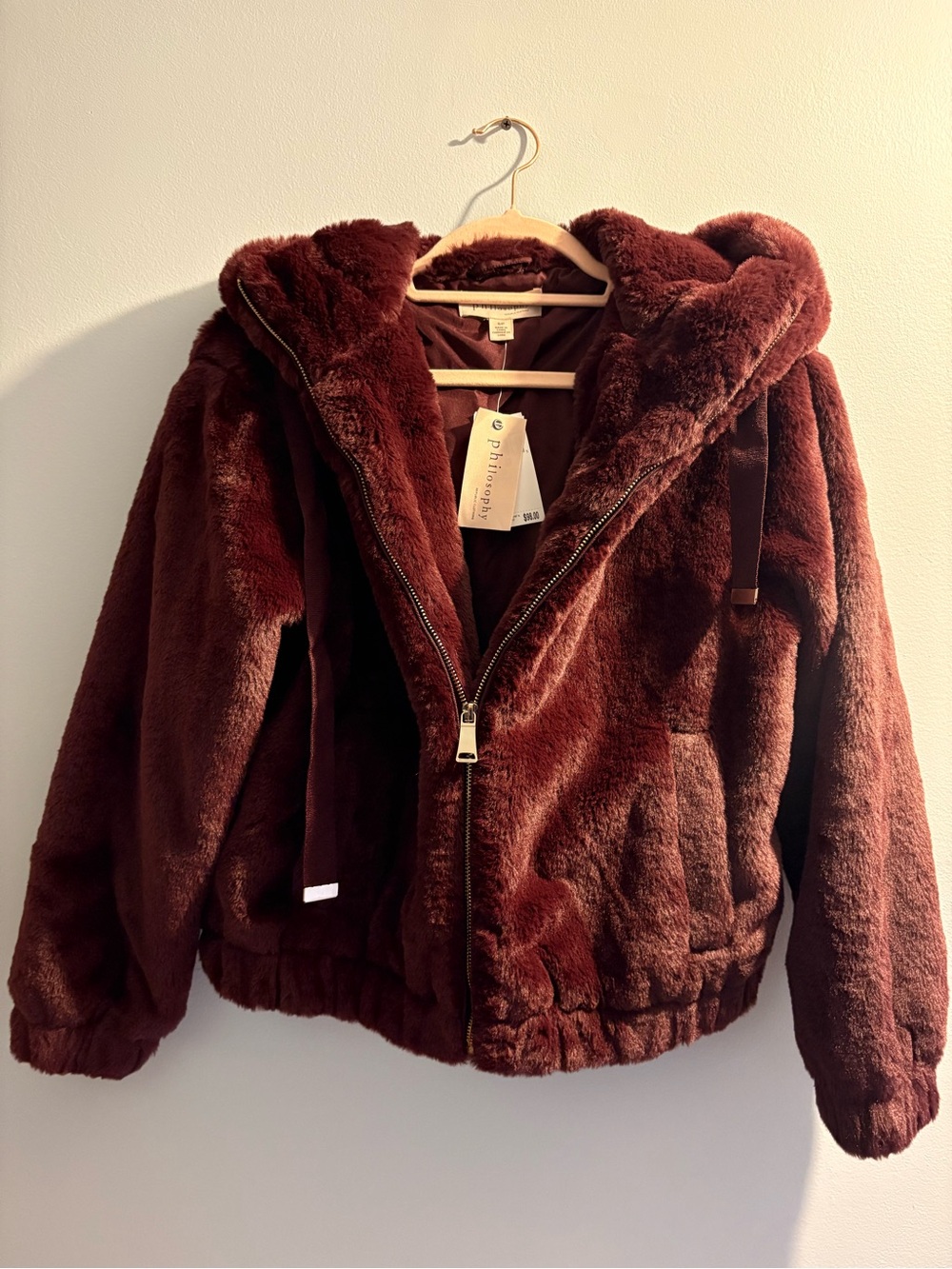 Philosophy Plush Faux-Fur Hooded Jacket in Deep Wine
